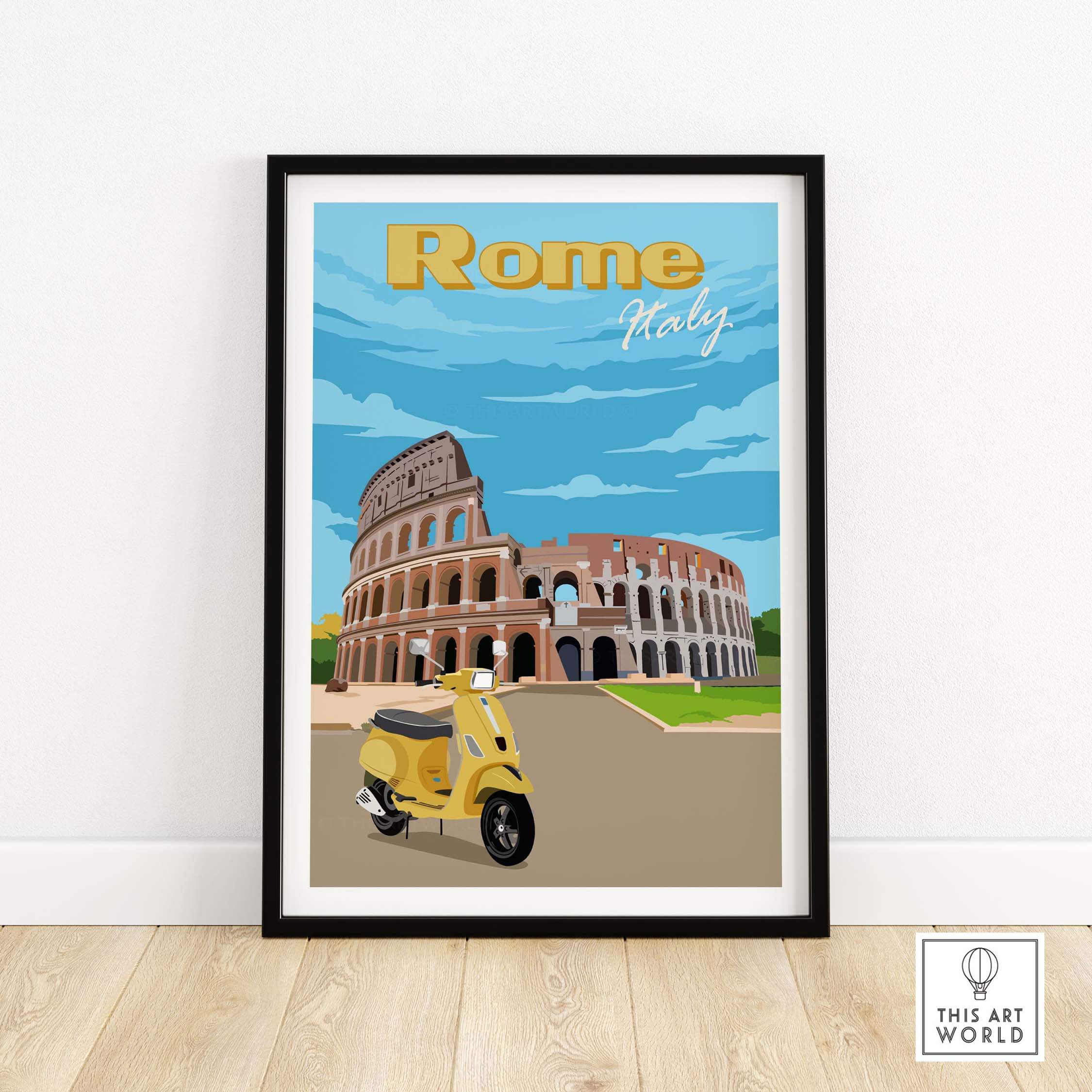 Rome print poster featuring the Colosseum and a yellow scooter, ideal for home or office decor.