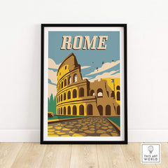 Vintage-inspired Rome poster art print featuring the Colosseum, framed and styled for home decor.
