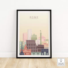 Rome city skyline print featuring iconic architecture, including the Colosseum, in warm pastel tones, framed for wall art.