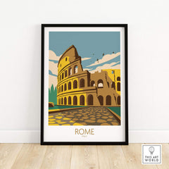 Vintage Rome poster featuring the Colosseum, perfect for travel enthusiasts and home decor.