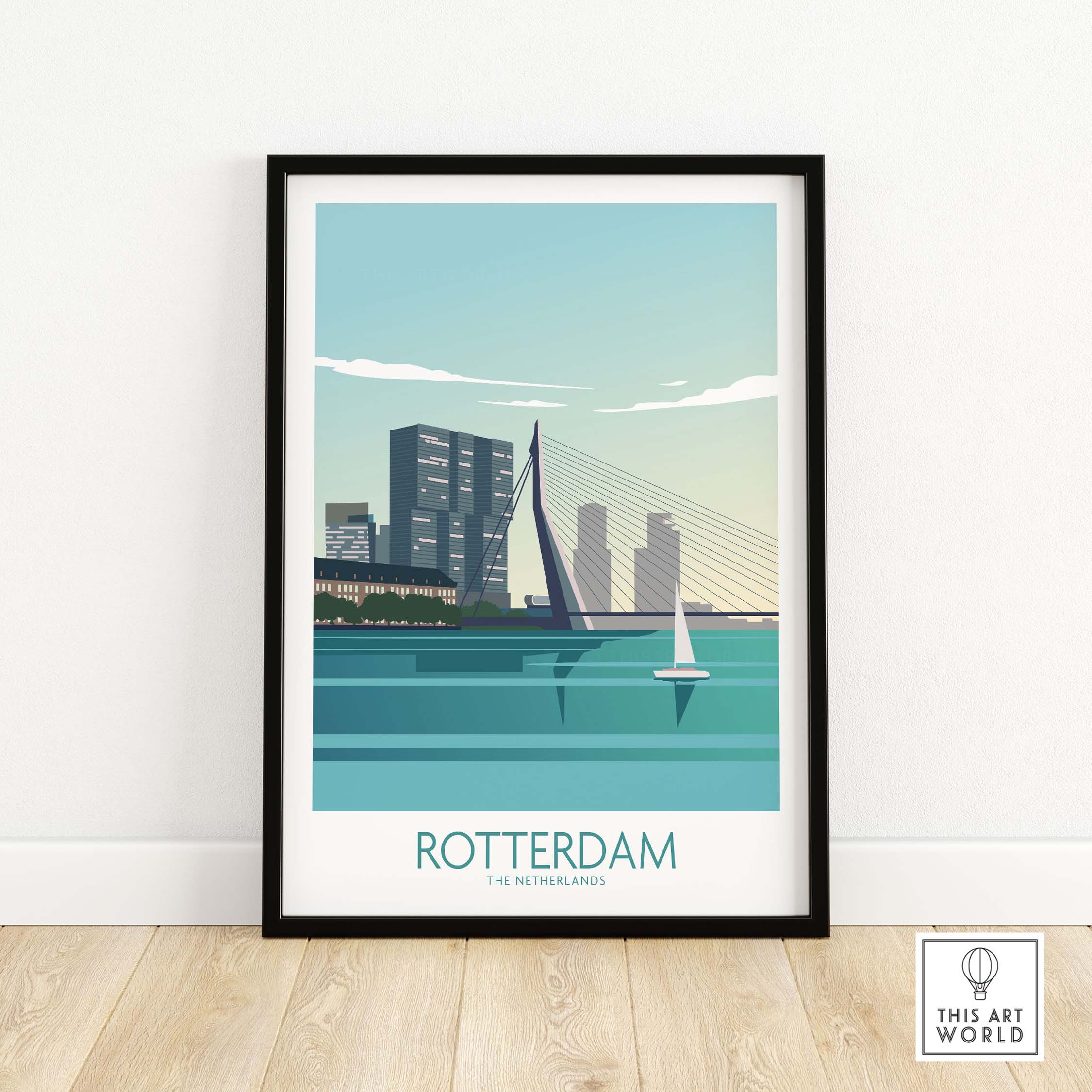 Rotterdam poster featuring iconic city skyline and bridge, perfect for stylish Netherlands wall art.