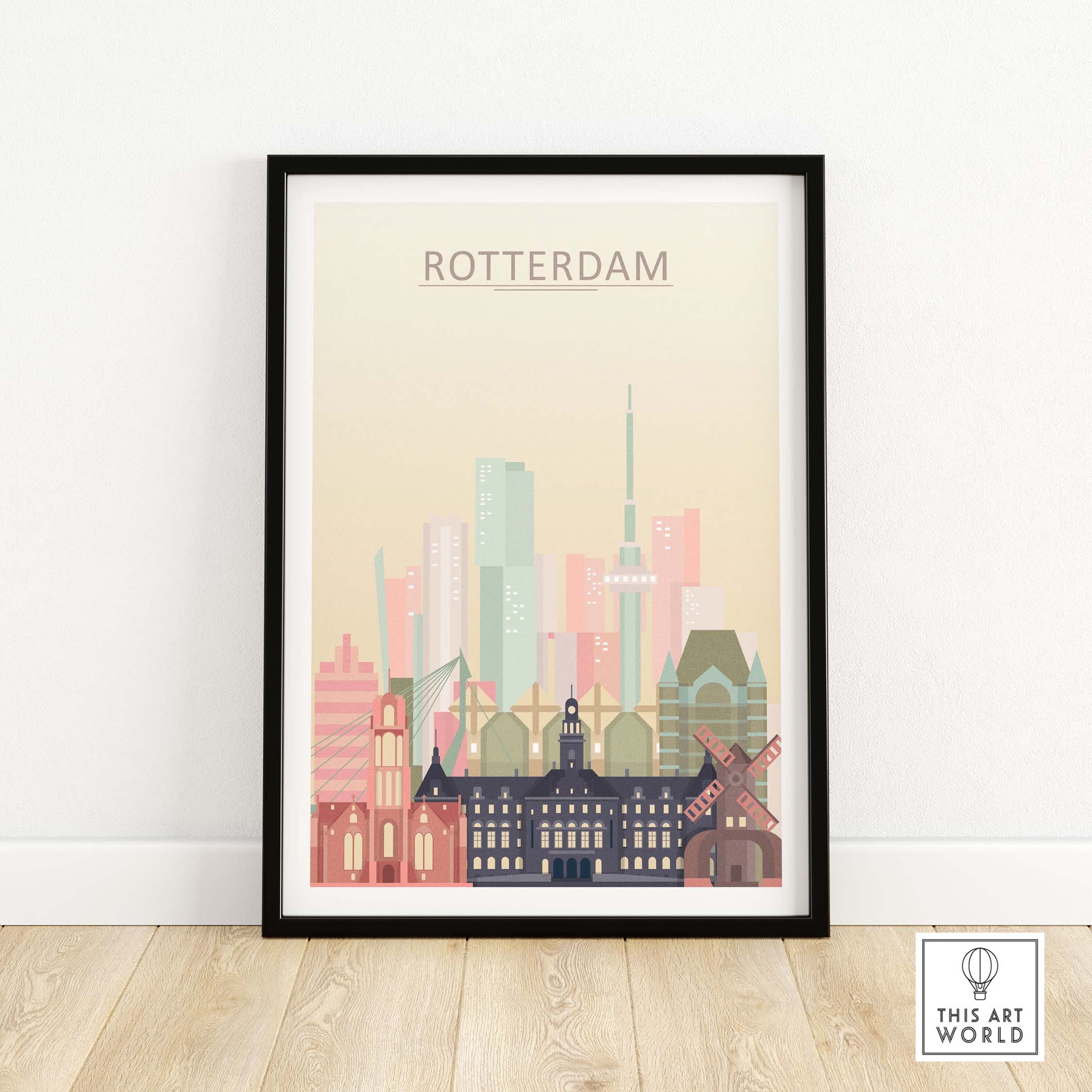 Rotterdam skyline print in pastel colors, framed wall art showcasing iconic architecture.