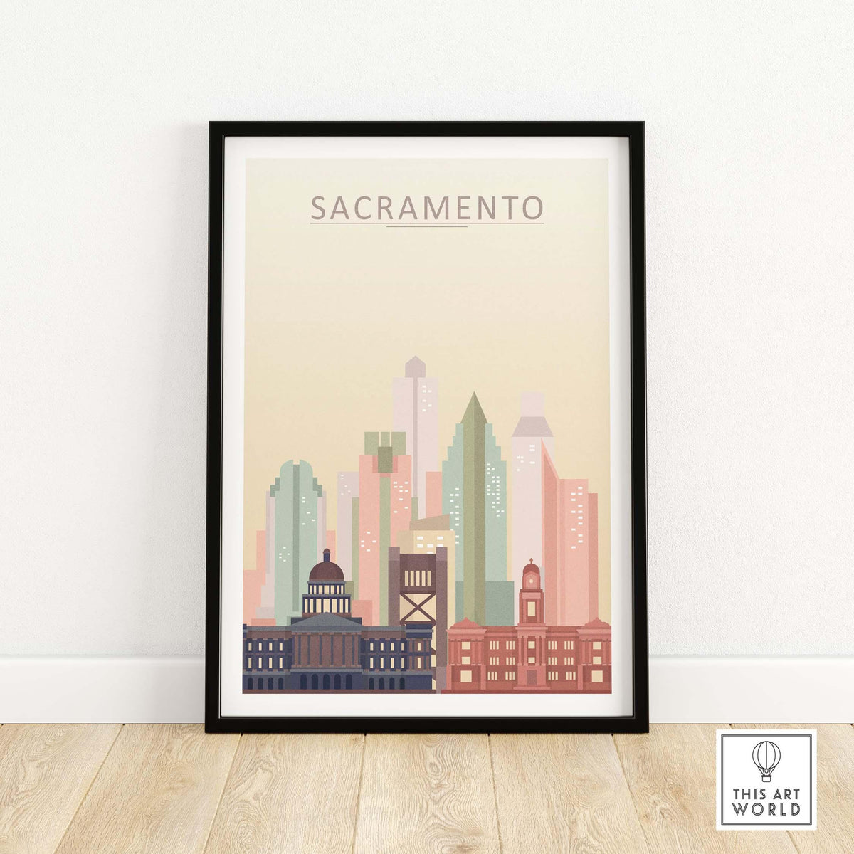 Sacramento Skyline Poster showcasing the city’s iconic buildings in warm pastel tones, framed and ready to enhance your space.