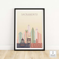 Sacramento Skyline Poster showcasing the city’s iconic buildings in warm pastel tones, framed and ready to enhance your space.