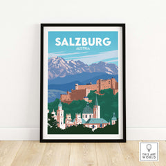 Salzburg travel poster print featuring historical landmarks and mountains in a minimalist design.