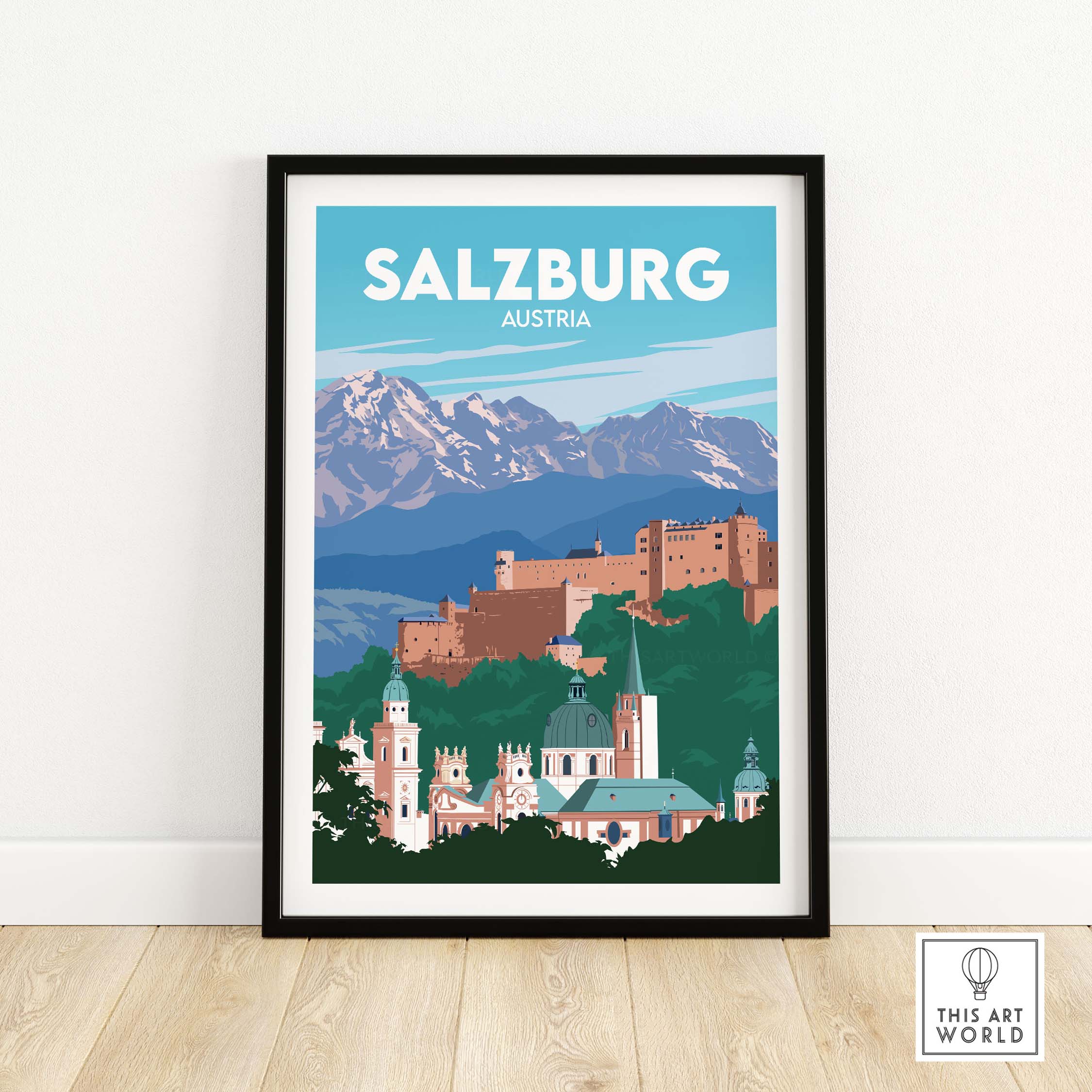 Salzburg travel poster print featuring historical landmarks and mountains in a minimalist design.