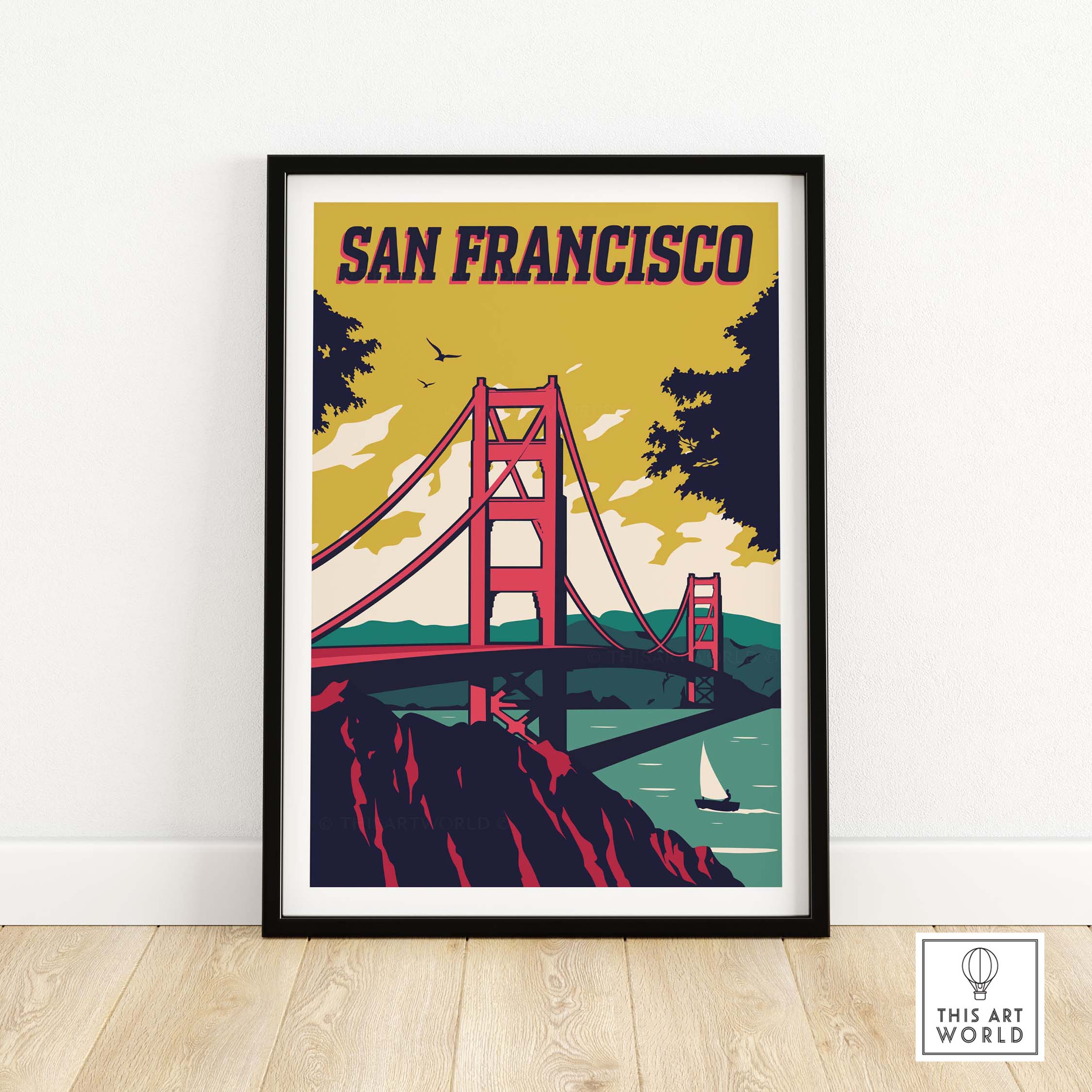 San Francisco poster wall art print featuring the Golden Gate Bridge in vintage style, perfect for travel enthusiasts.