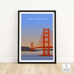 San Francisco Print Wall Art Poster featuring the Golden Gate Bridge in a vintage style, perfect for home decor.