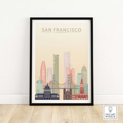 San Francisco City Skyline Print showcasing iconic skyline with Golden Gate Bridge in pastel tones.