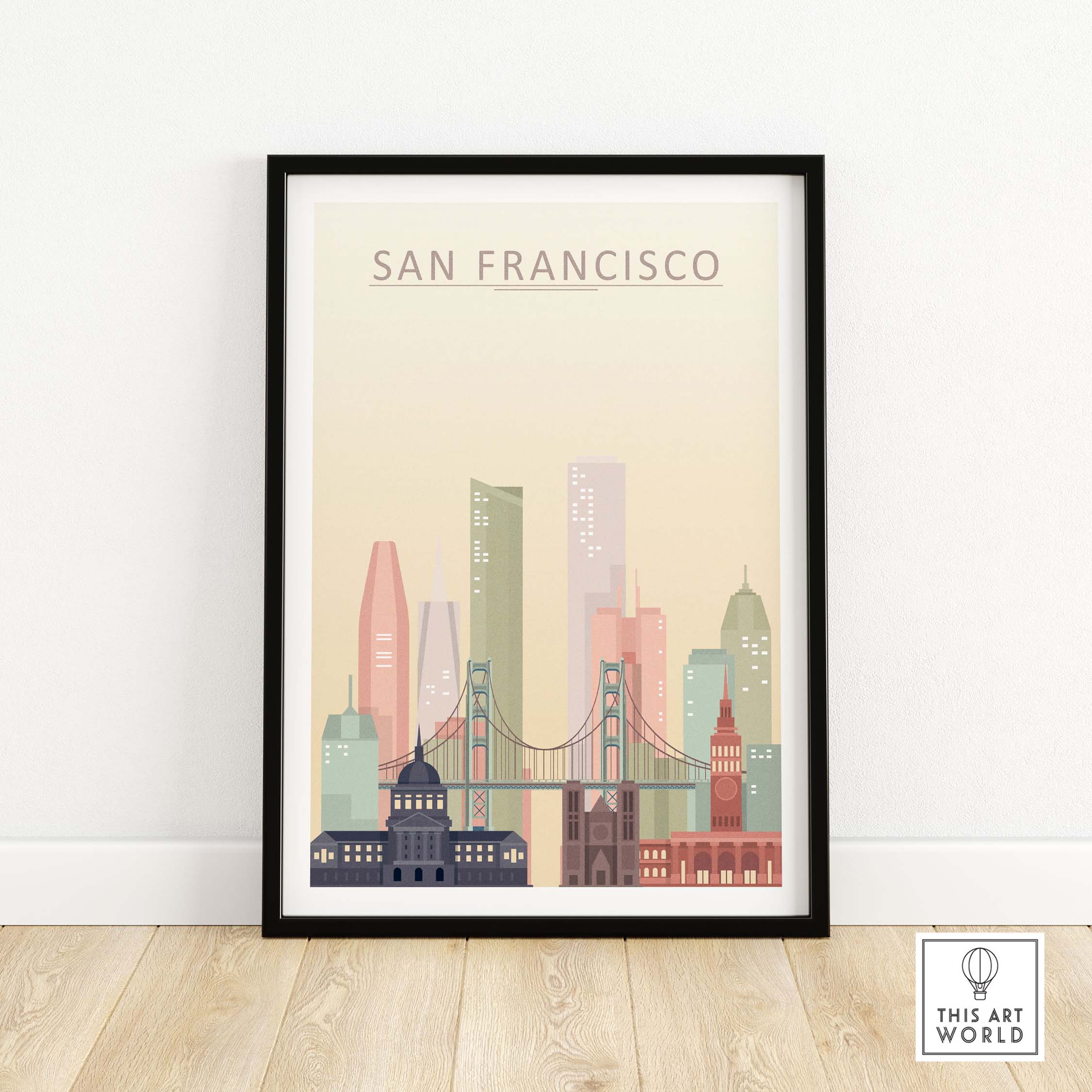 San Francisco City Skyline Print showcasing iconic skyline with Golden Gate Bridge in pastel tones.