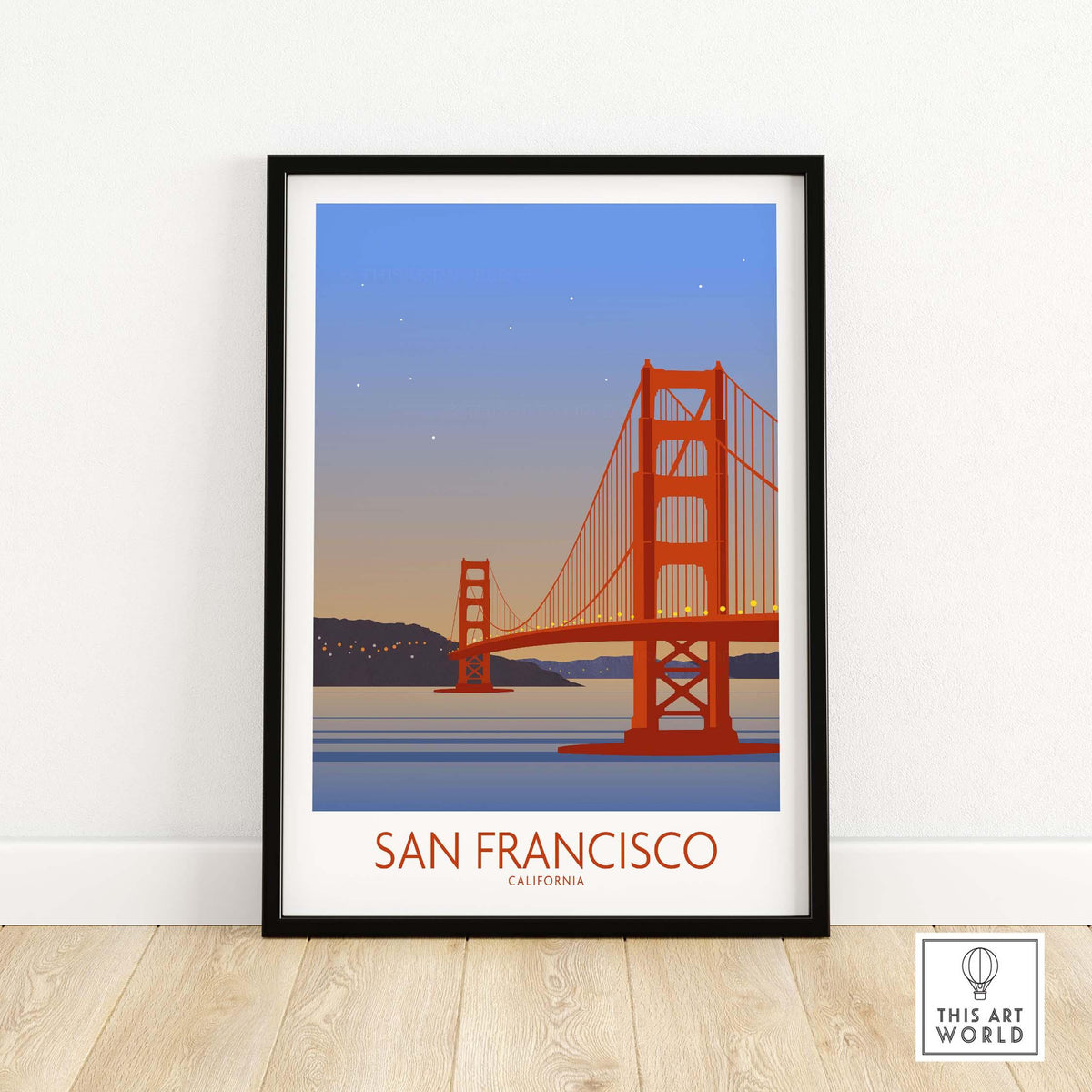 San Francisco print poster featuring the Golden Gate Bridge in a vintage-inspired design, framed art for travel lovers.