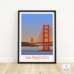 San Francisco print poster featuring the Golden Gate Bridge in a vintage-inspired design, framed art for travel lovers.