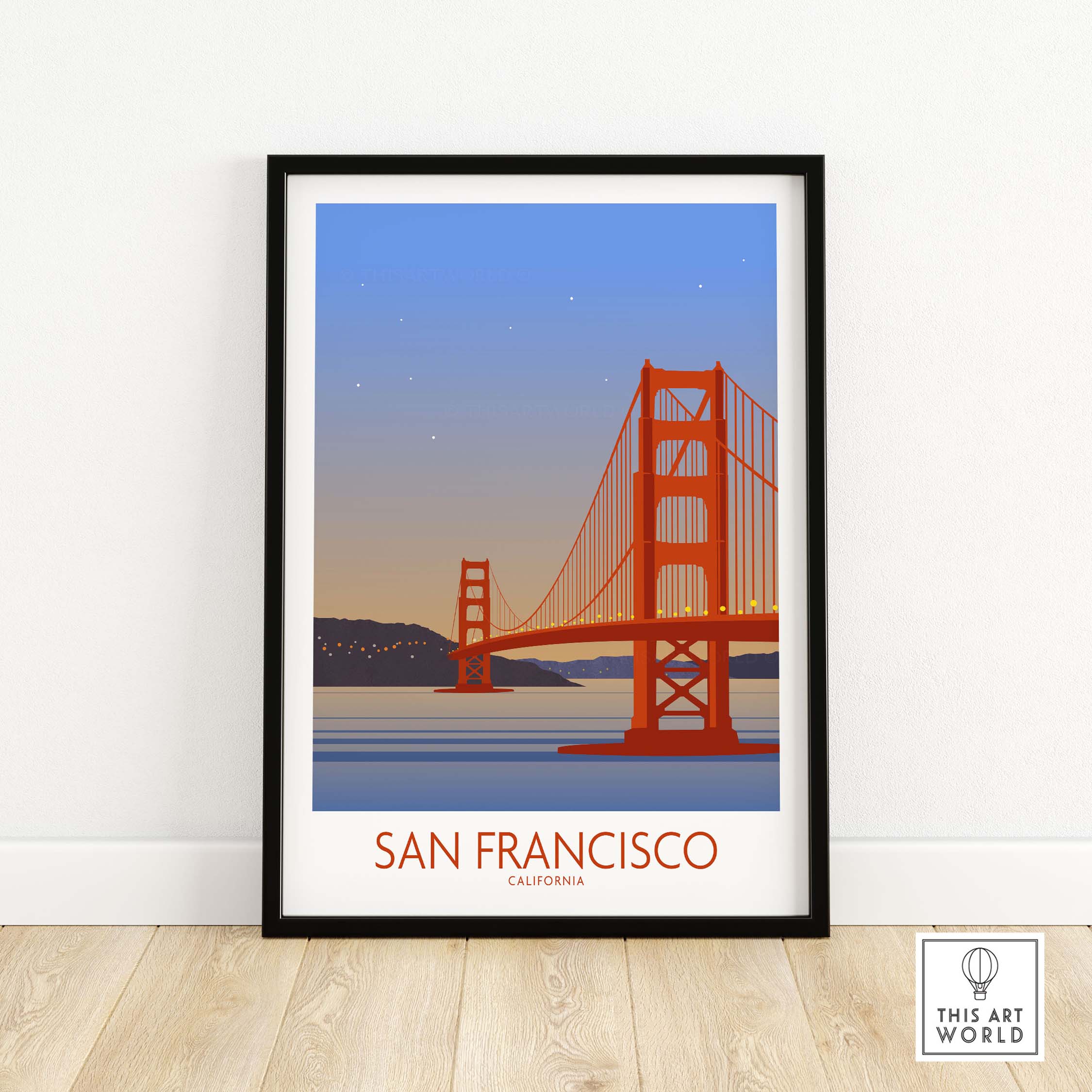 San Francisco print poster featuring the Golden Gate Bridge in a vintage-inspired design, framed art for travel lovers.