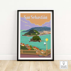 San Sebastian Spain poster print featuring coastal views and vintage travel design in a stylish frame.