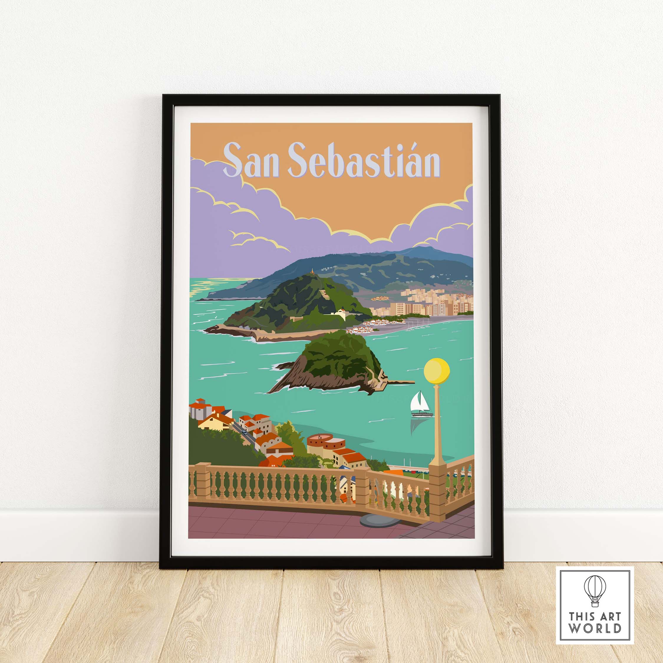 San Sebastian Spain poster print featuring coastal views and vintage travel design in a stylish frame.