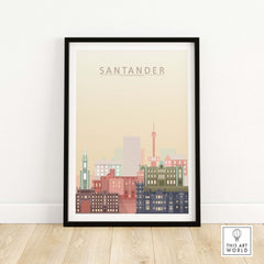Santander City Skyline Wall Art Print in warm pastel tones, framed artwork showcasing iconic architectural beauty.