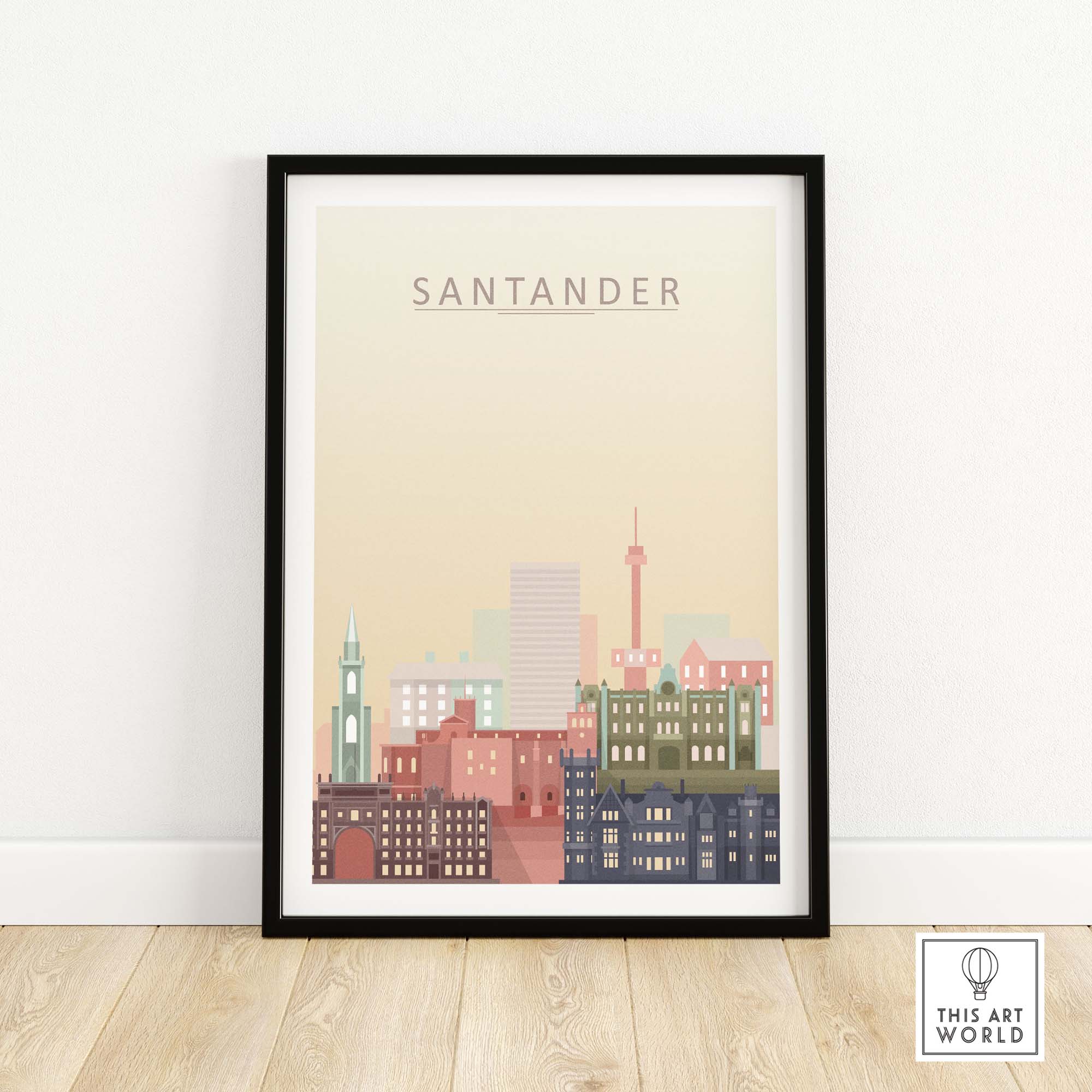 Santander City Skyline Wall Art Print in warm pastel tones, framed artwork showcasing iconic architectural beauty.