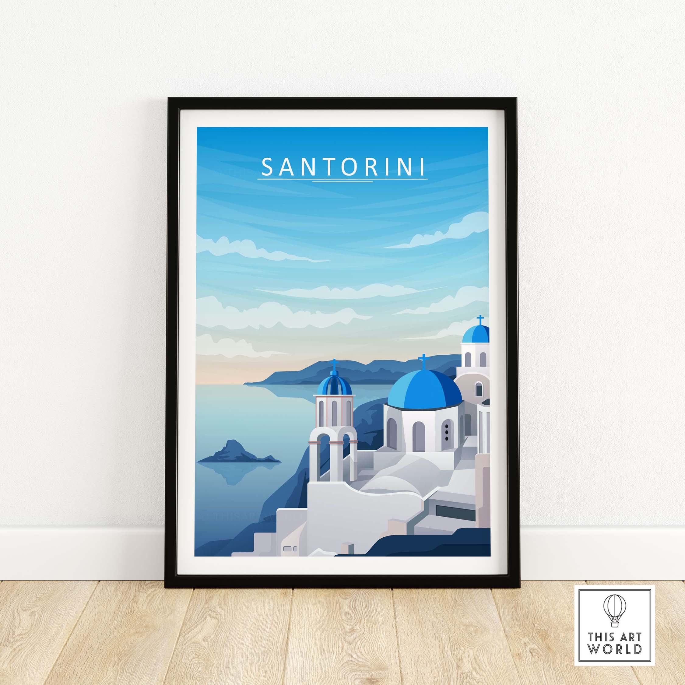 Santorini Print Wall Art featuring a minimalist design of blue-domed buildings and a serene sea view.