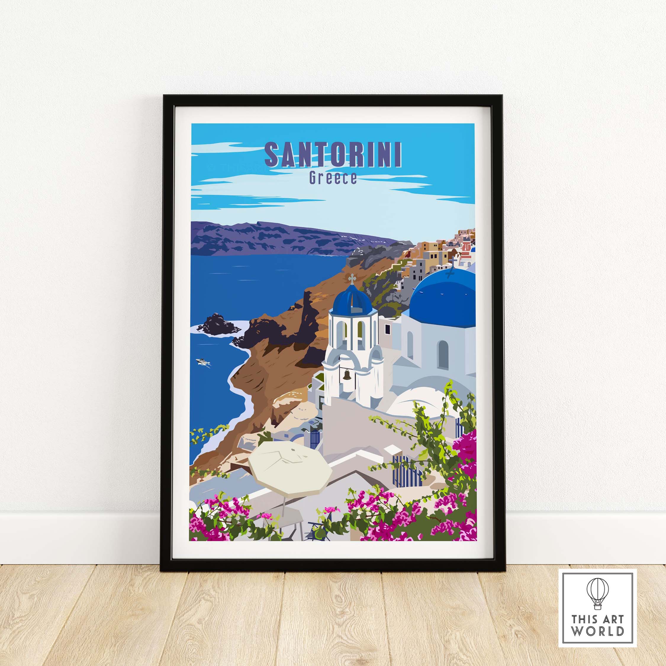 Santorini poster print wall art showcasing iconic blue dome buildings and stunning coastal views in Greece.