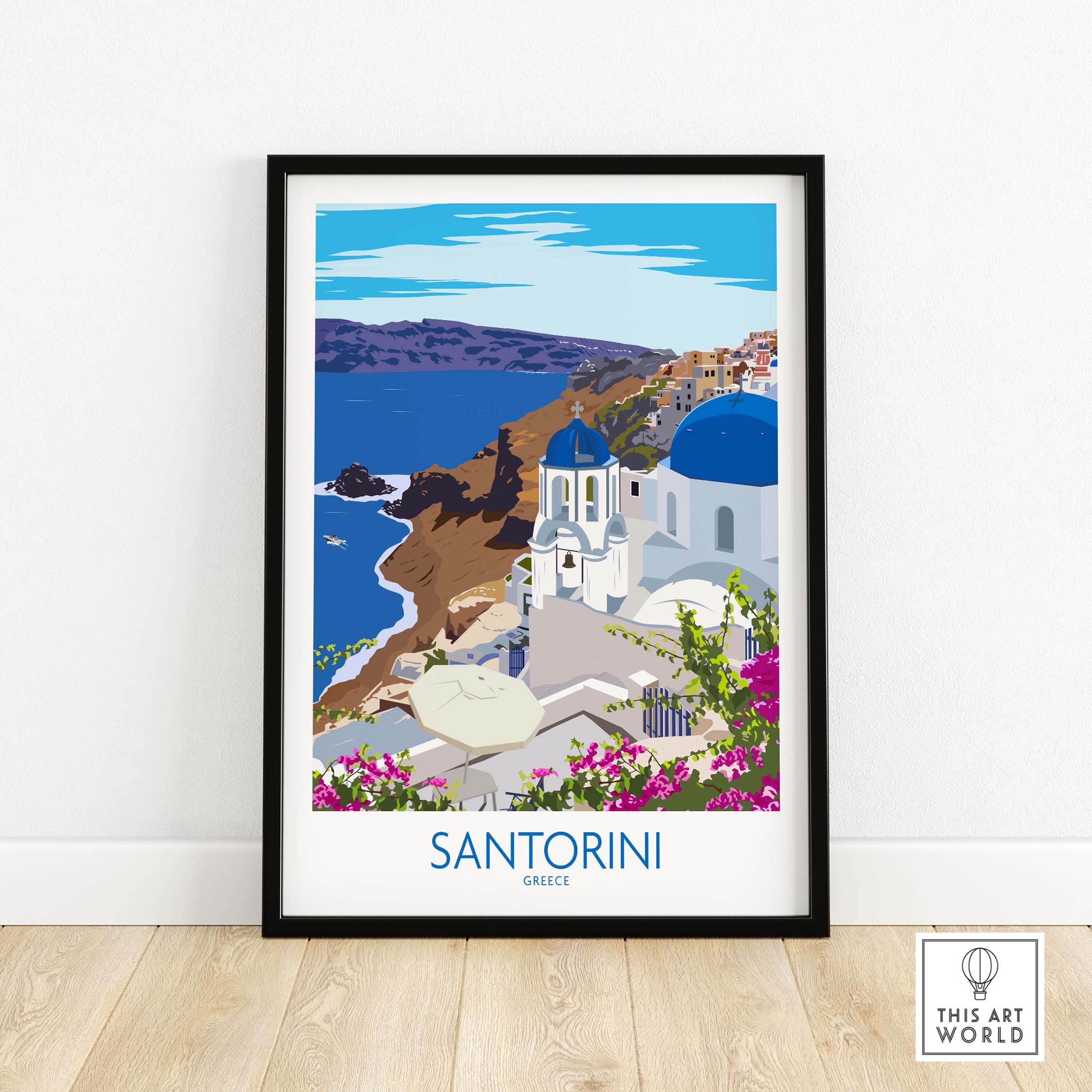 Santorini print travel poster showcasing blue domes and coastlines of Greece, perfect for wanderlust decor.