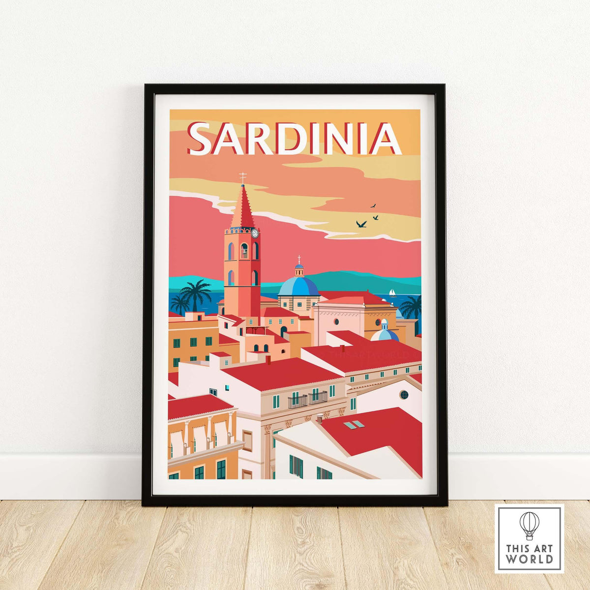 Sardinia poster print featuring a minimalist design of scenic coastal architecture and vibrant colors.