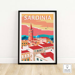 Sardinia poster print featuring a minimalist design of scenic coastal architecture and vibrant colors.