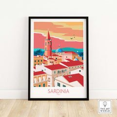 Sardinia Print Italy Travel Poster showcasing colorful vintage-inspired coastal scenery.
