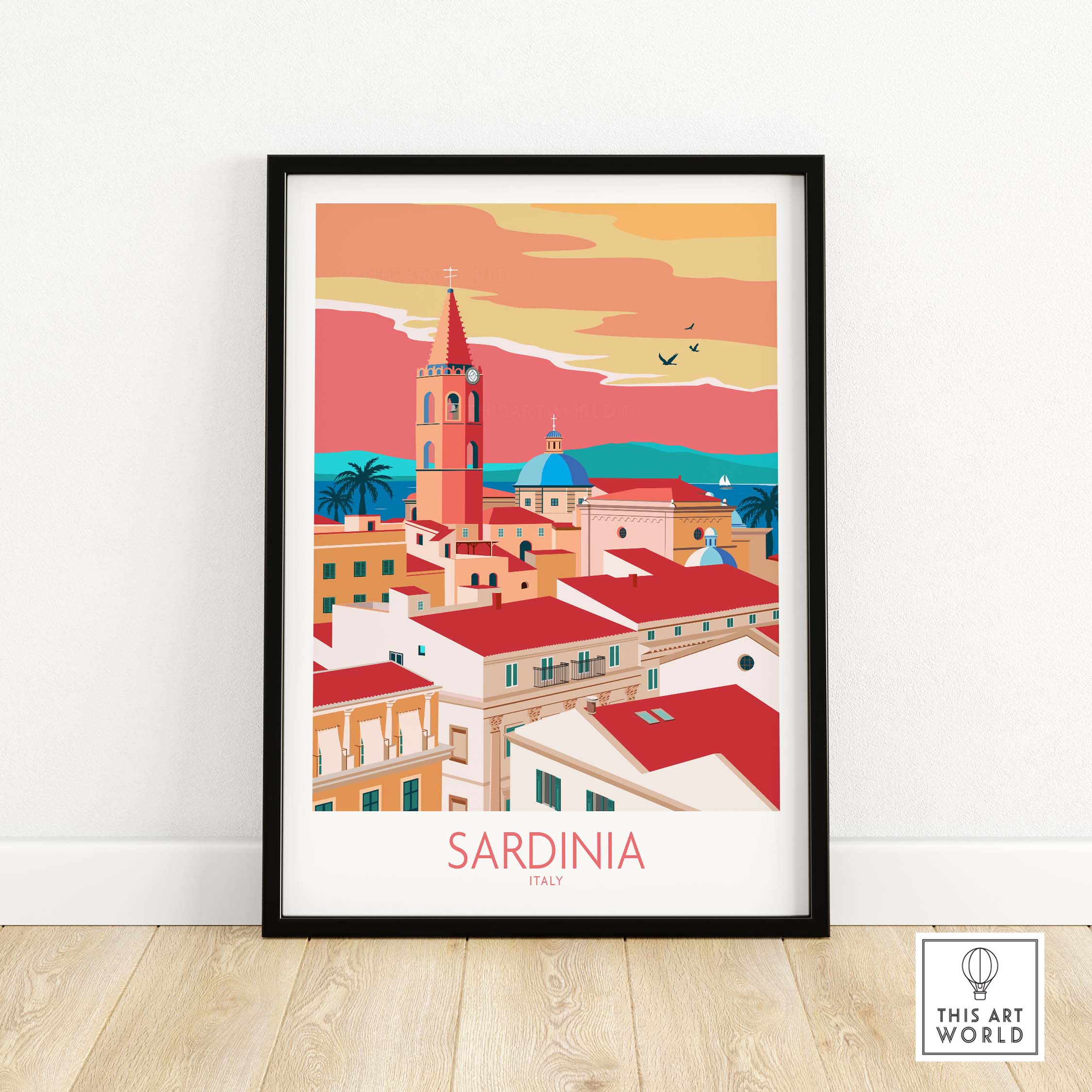 Sardinia Print Italy Travel Poster showcasing colorful vintage-inspired coastal scenery.