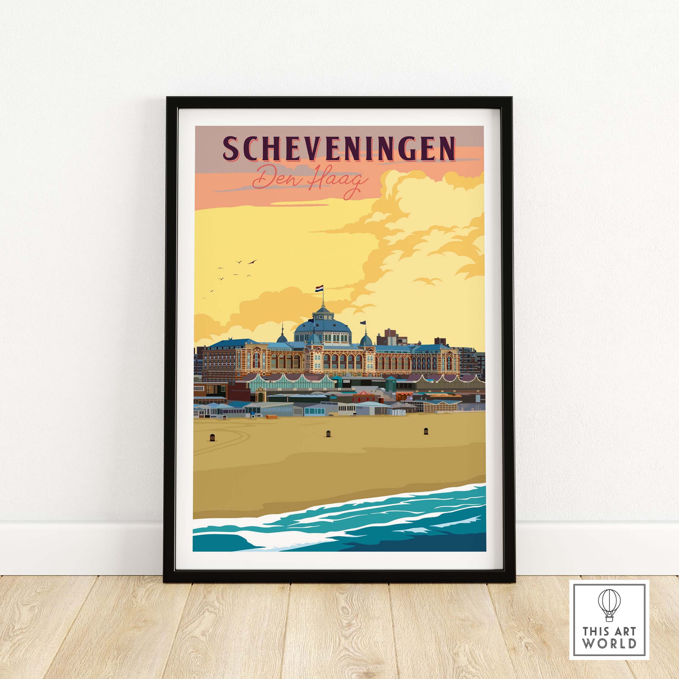 Scheveningen Poster Den Haag showcasing vintage art style with beach and architecture, perfect for home decor.