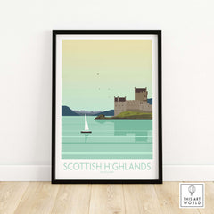 Scottish Highlands minimalist art print featuring a scenic castle and sailboat on calm waters, framed for stylish decor.