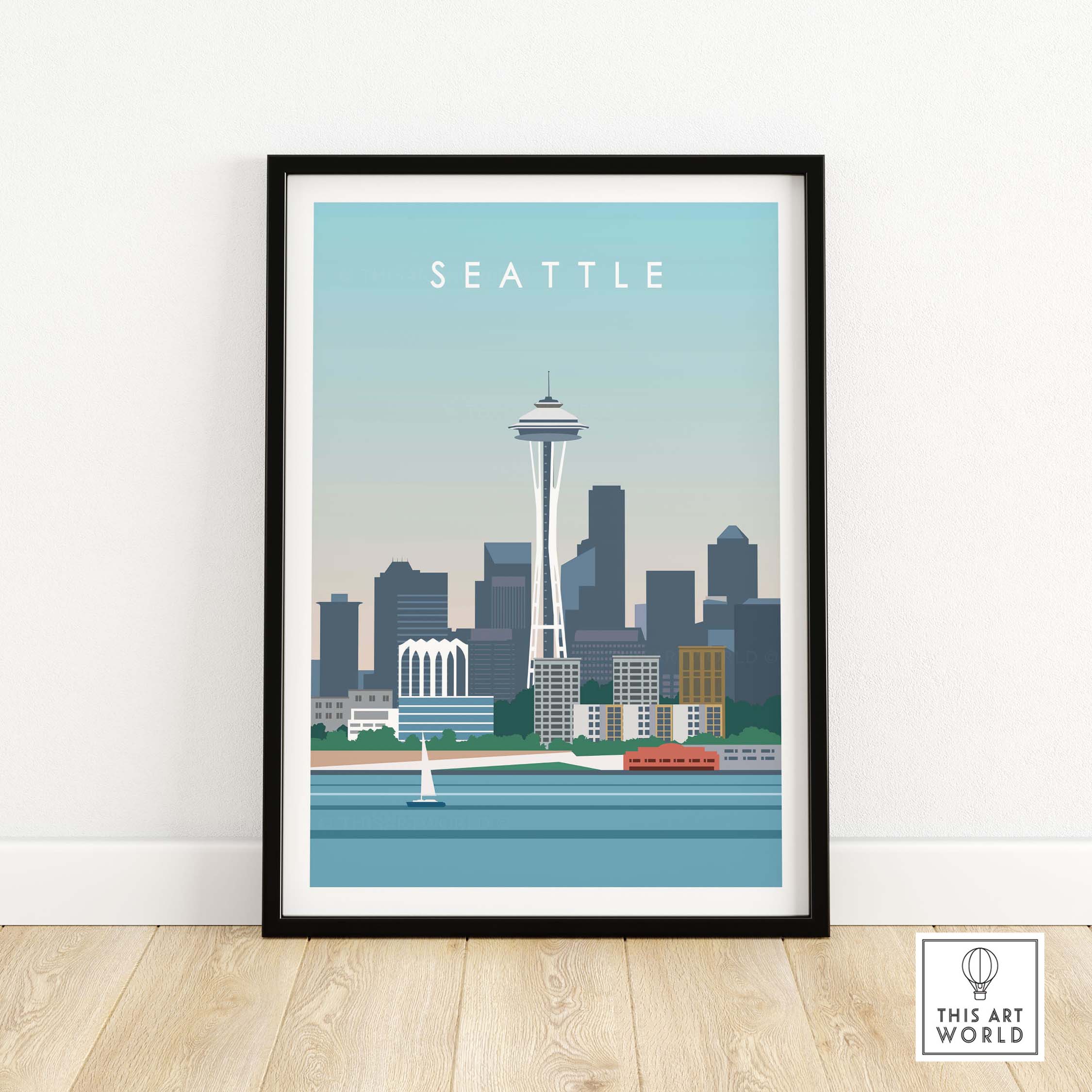Seattle Print Wall Art Poster featuring the Space Needle and city skyline in a vintage style.