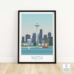 Seattle poster print featuring the iconic Space Needle and city skyline, framed wall art for home or office decor.