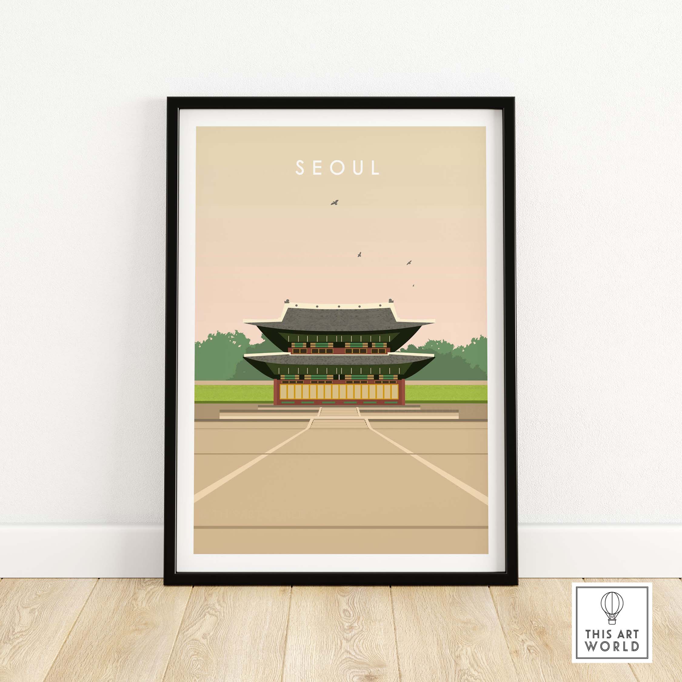 Seoul poster print showcasing Gyeongbokgung Palace with a vintage design, perfect for travel enthusiasts.