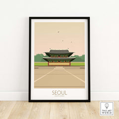 Vintage Seoul Print travel poster featuring a traditional Korean palace, framed for stylish decor.
