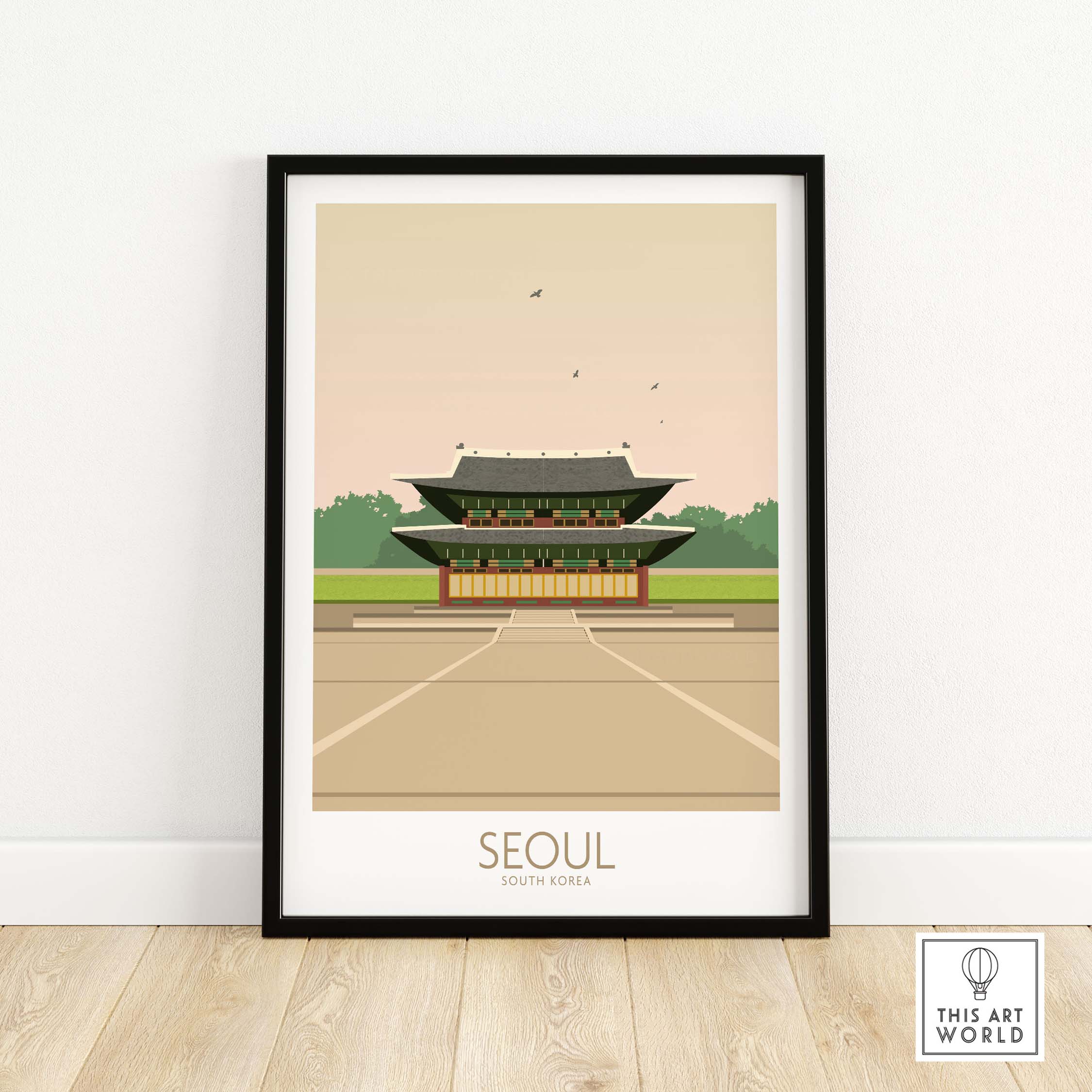 Vintage Seoul Print travel poster featuring a traditional Korean palace, framed for stylish decor.