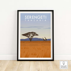Serengeti Print Tanzania travel poster featuring a landscape with giraffes and a tree, framed artwork for nostalgic home decor.