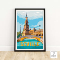 Seville Print Poster Wall Art featuring a vintage bridge and tower in vibrant colors, perfect for home decor.