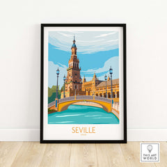 Seville Poster Travel Print showcasing iconic architecture and bridge, vibrant colors, stylish wall art for home.