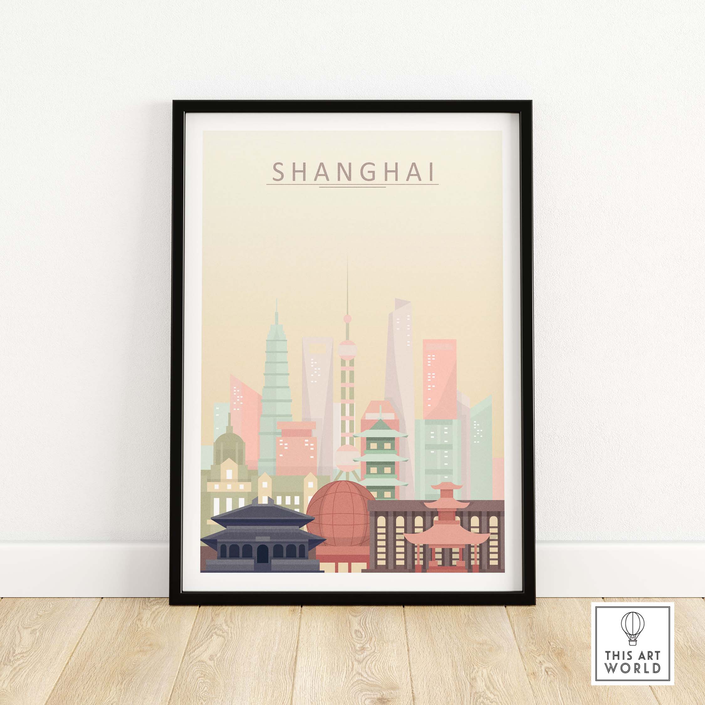 Shanghai Skyline Print featuring iconic architecture in pastel colors, perfect for stylish wall art decor.
