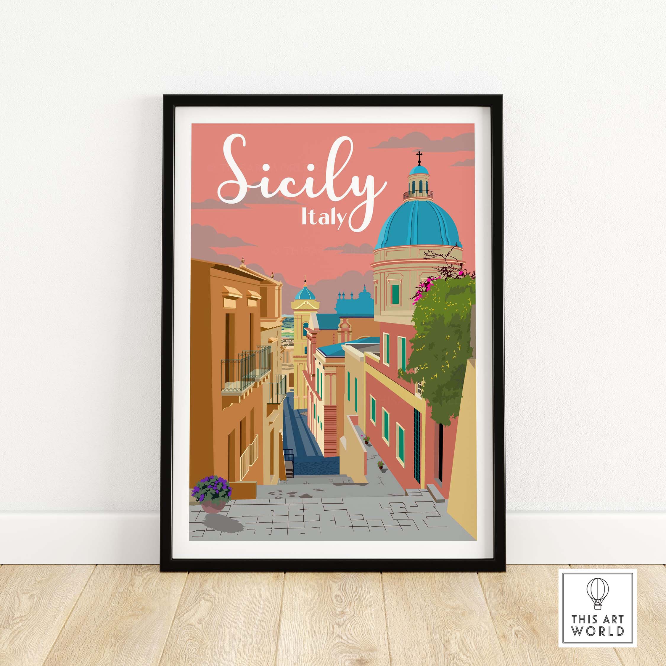 Sicily Print Italy Poster featuring a charming street view and vintage style wall art for travel lovers.