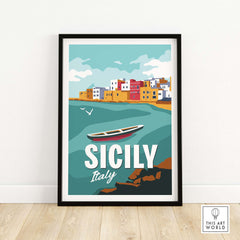 Framed Sicily Poster Wall Art Print featuring a colorful coastal landscape and a boat, perfect for home decor.