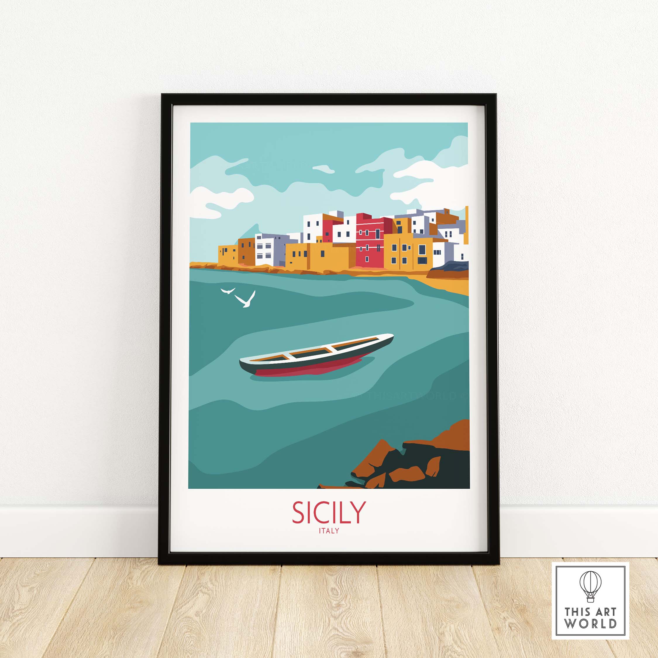 Sicily Poster Travel Art Print featuring a scenic view of a boat and colorful coastal village in Italy.
