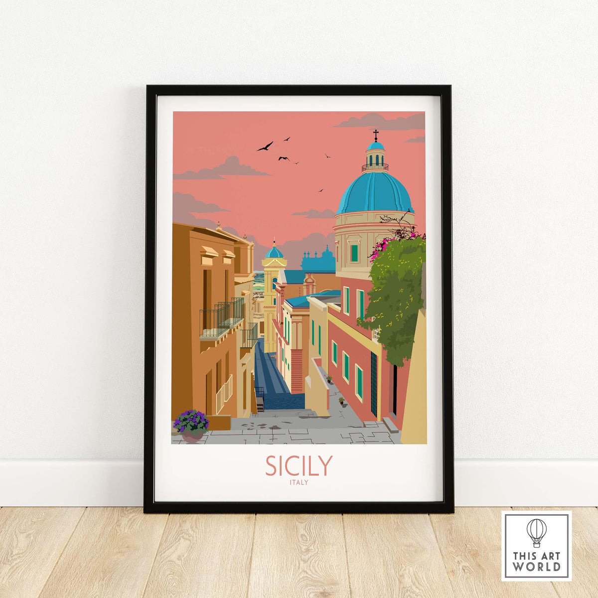 Sicily poster wall art print featuring a scenic street and domed buildings, perfect for travel-inspired decor.