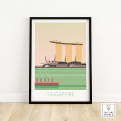 Framed Singapore print travel poster showcasing iconic skyline and vintage design for stylish home decor.