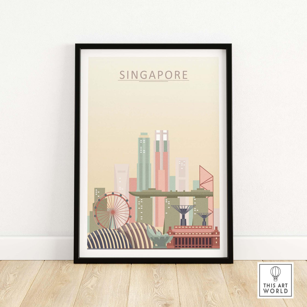 Singapore skyline print in pastel colors, showcasing iconic landmarks in a stylish wall art poster.