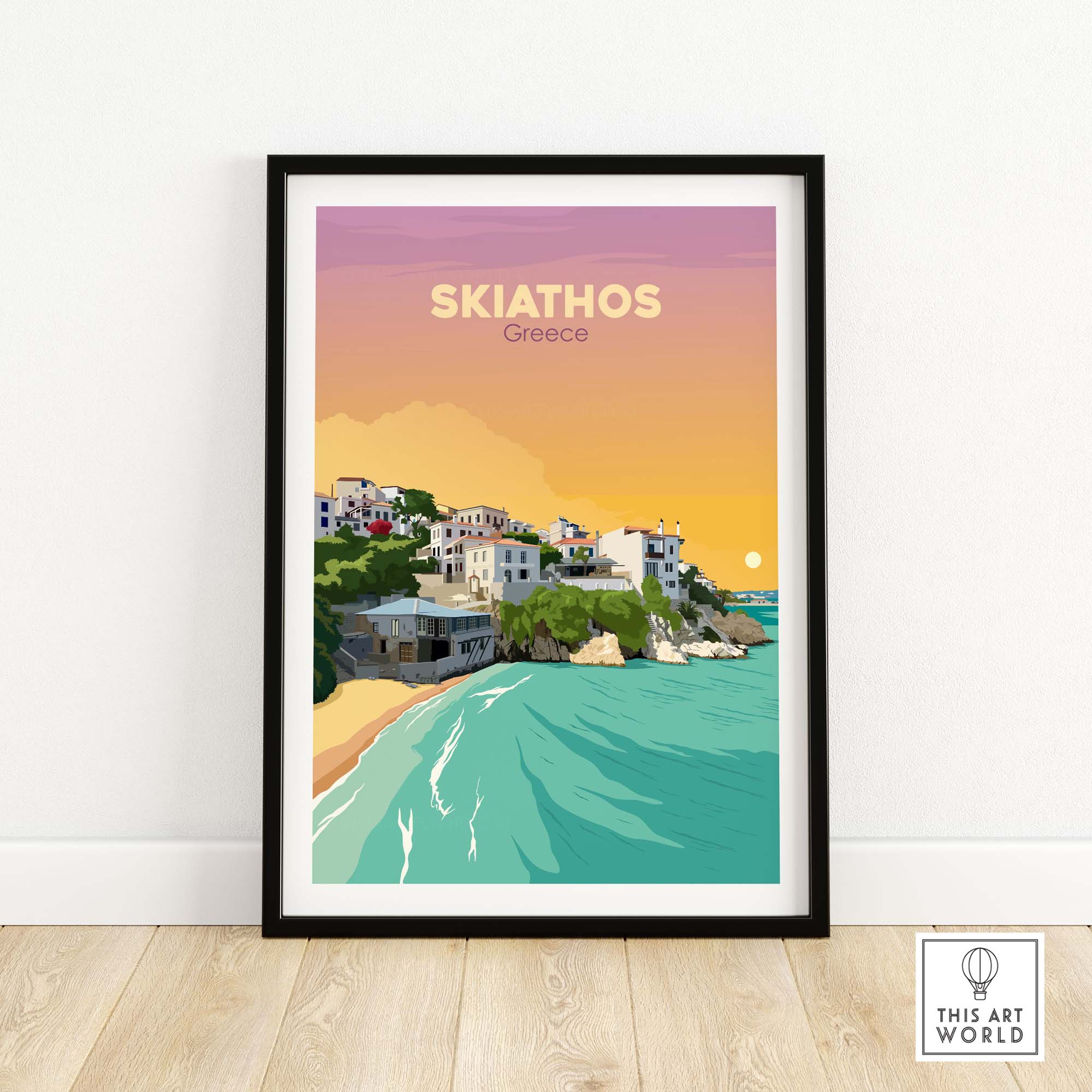 Skiathos travel poster print featuring a colorful minimalist design of Greek coastline and sunset.