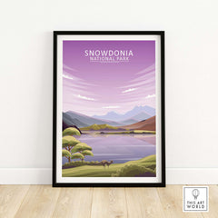Snowdonia National Park poster featuring minimalist landscape art with mountains and lake backdrop.