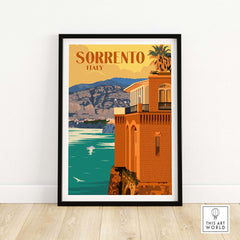 Sorrento Poster Print Wall Art featuring coastal scenery and vintage design, perfect for travel enthusiasts.