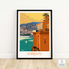 Sorrento Poster Travel Print featuring vibrant colors and scenic Bay of Naples view, perfect for home decor.