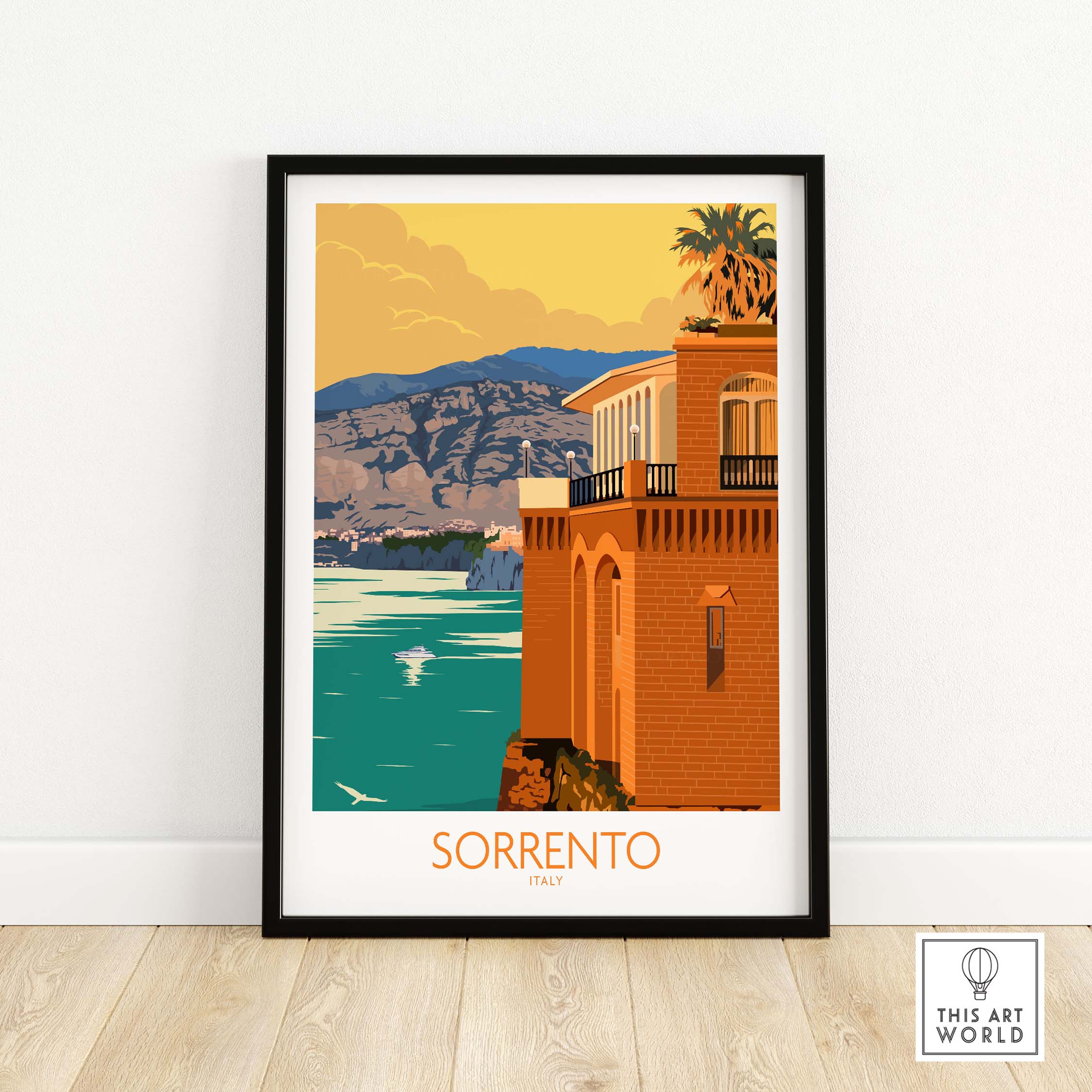 Sorrento Poster Travel Print featuring vibrant colors and scenic Bay of Naples view, perfect for home decor.
